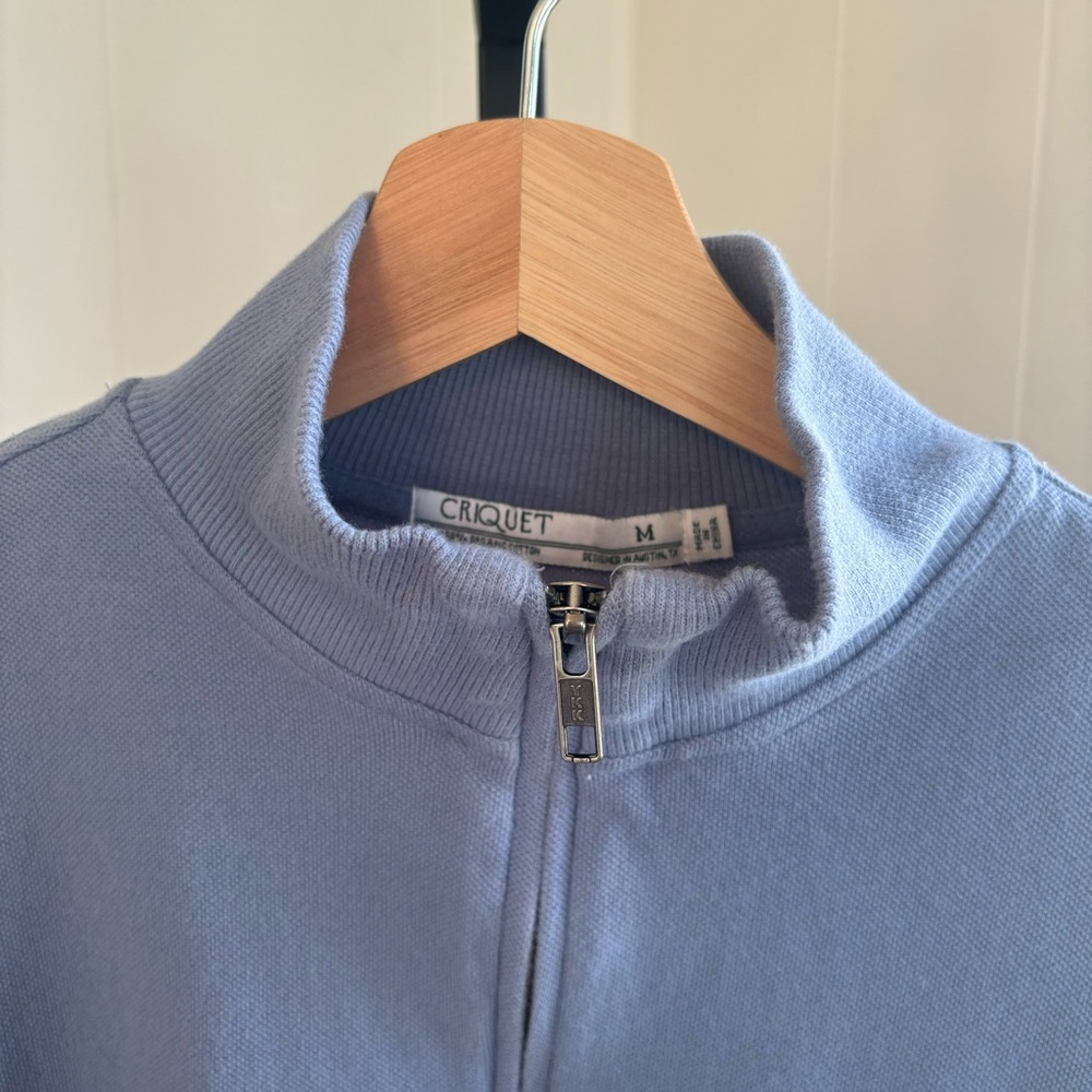 CRIQUET Blue Organic Cotton Preppy Mock Neck 1/4 Zip Pullover Sweater Men Med